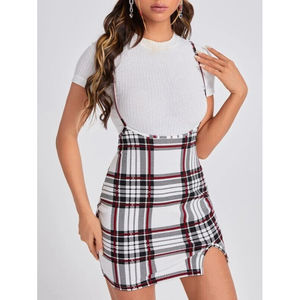 Plaid Overall Dress Black White Knot Shoulder Split Hem